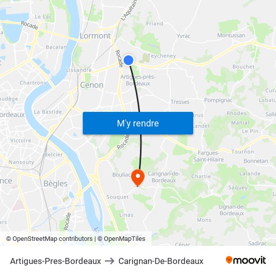 Artigues-Pres-Bordeaux to Carignan-De-Bordeaux map