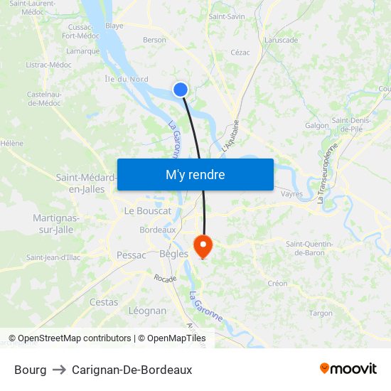 Bourg to Carignan-De-Bordeaux map