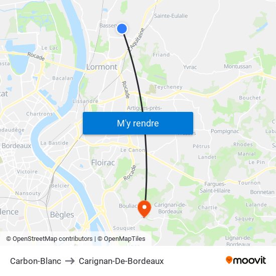 Carbon-Blanc to Carignan-De-Bordeaux map