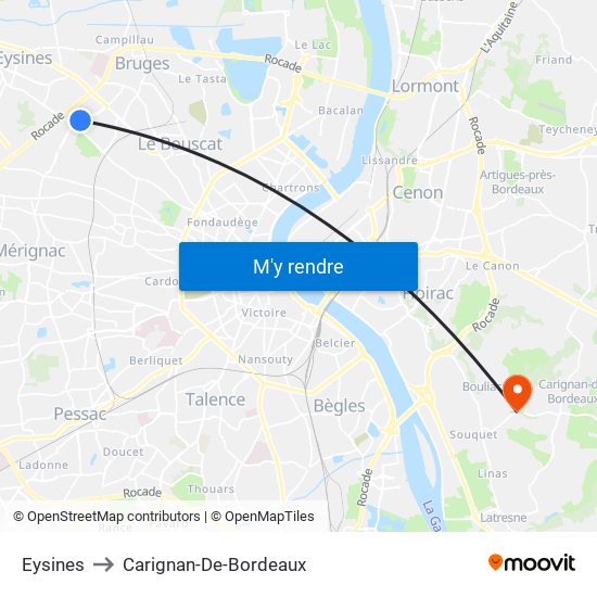 Eysines to Carignan-De-Bordeaux map