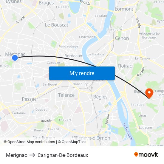Merignac to Carignan-De-Bordeaux map