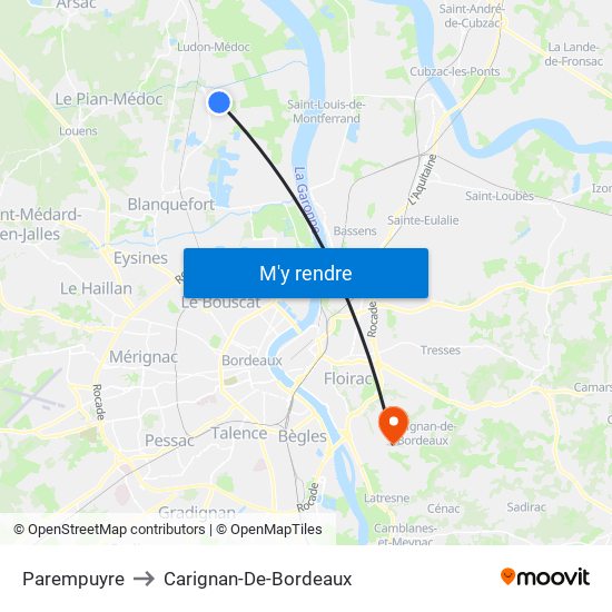 Parempuyre to Carignan-De-Bordeaux map