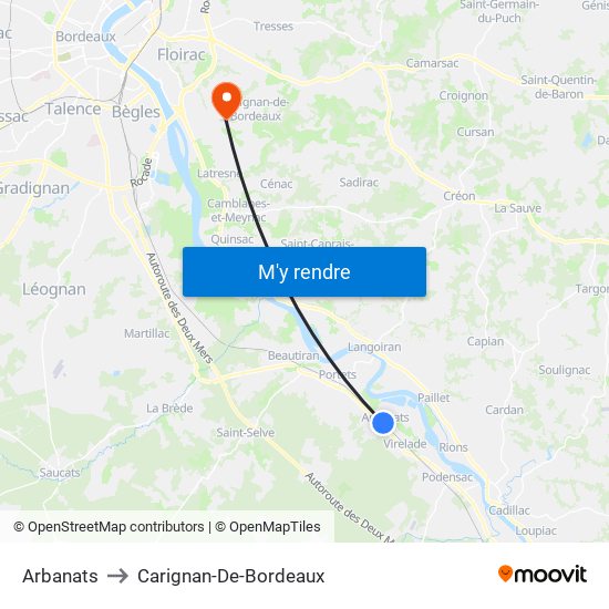 Arbanats to Carignan-De-Bordeaux map
