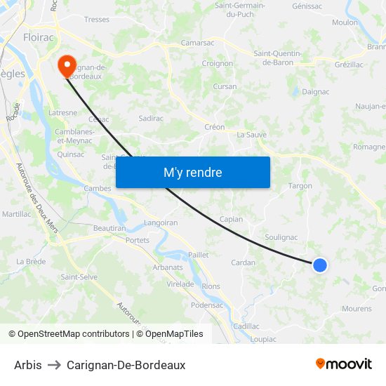Arbis to Carignan-De-Bordeaux map