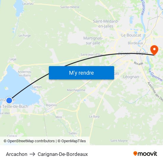 Arcachon to Carignan-De-Bordeaux map