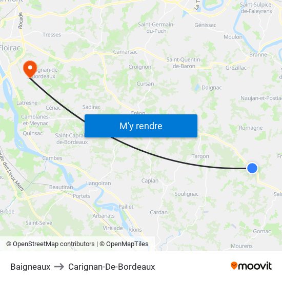 Baigneaux to Carignan-De-Bordeaux map