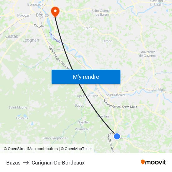 Bazas to Carignan-De-Bordeaux map