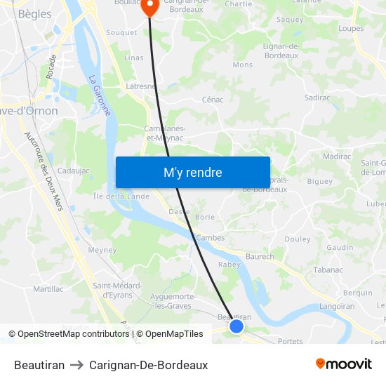 Beautiran to Carignan-De-Bordeaux map