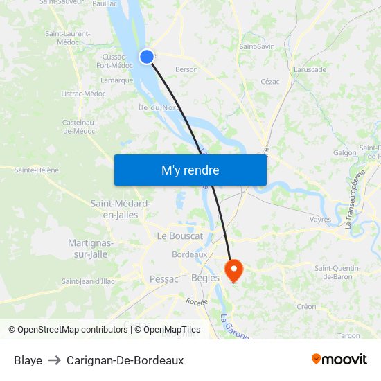 Blaye to Carignan-De-Bordeaux map