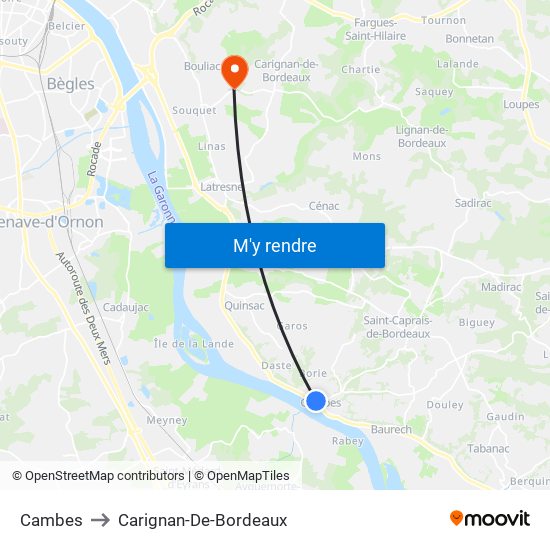 Cambes to Carignan-De-Bordeaux map