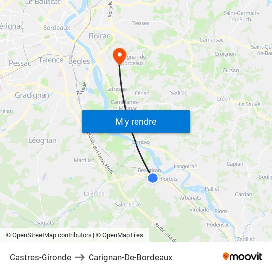 Castres-Gironde to Carignan-De-Bordeaux map
