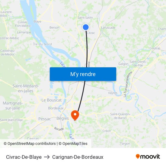 Civrac-De-Blaye to Carignan-De-Bordeaux map