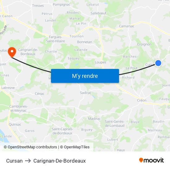 Cursan to Carignan-De-Bordeaux map