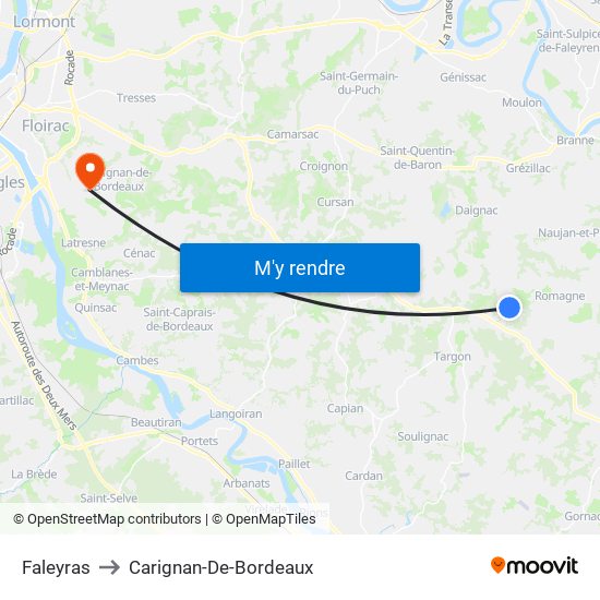 Faleyras to Carignan-De-Bordeaux map