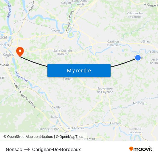 Gensac to Carignan-De-Bordeaux map