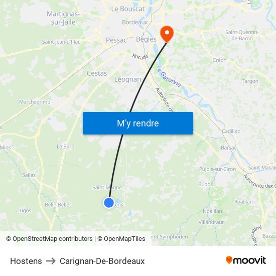 Hostens to Carignan-De-Bordeaux map
