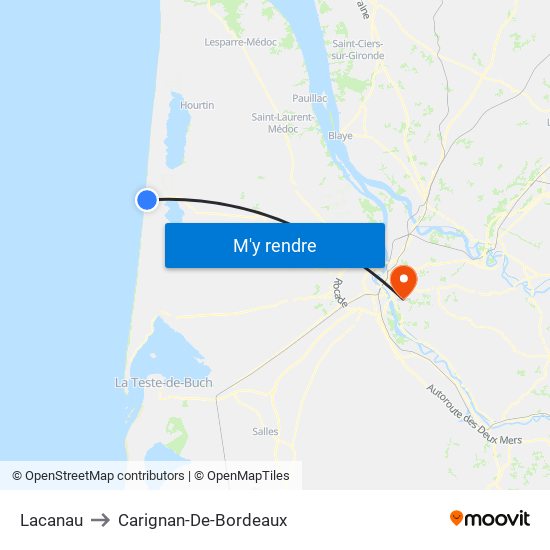 Lacanau to Carignan-De-Bordeaux map