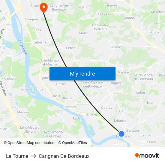 Le Tourne to Carignan-De-Bordeaux map