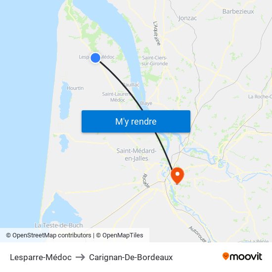 Lesparre-Médoc to Carignan-De-Bordeaux map