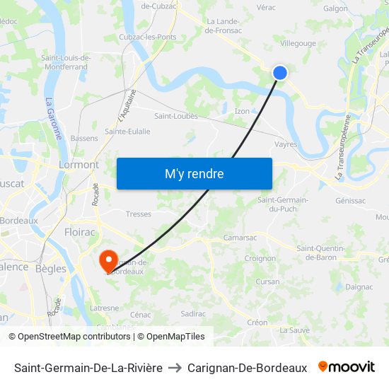 Saint-Germain-De-La-Rivière to Carignan-De-Bordeaux map