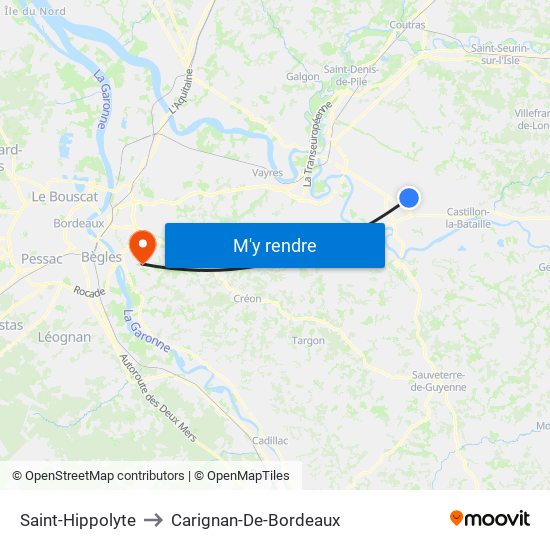 Saint-Hippolyte to Carignan-De-Bordeaux map