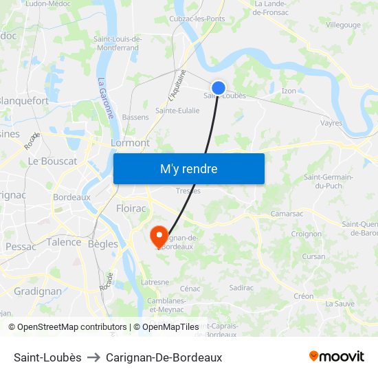 Saint-Loubès to Carignan-De-Bordeaux map