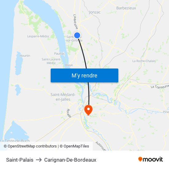 Saint-Palais to Carignan-De-Bordeaux map
