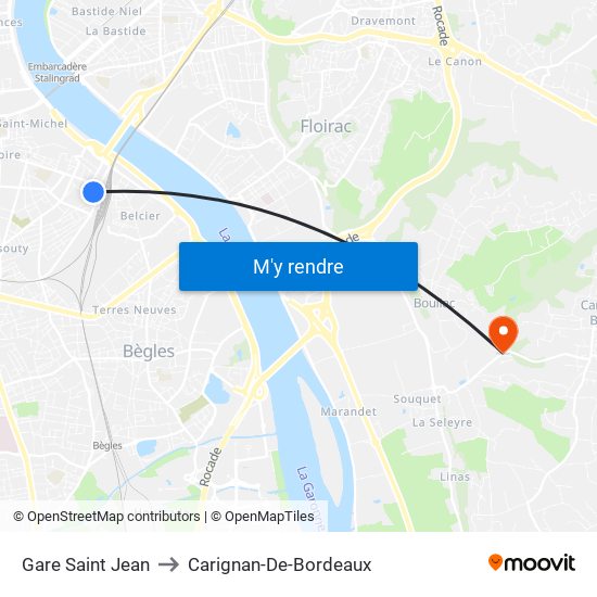 Gare Saint Jean to Carignan-De-Bordeaux map