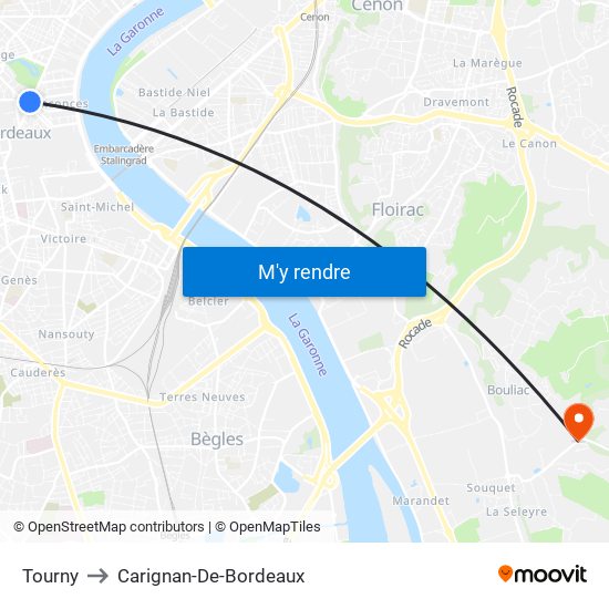 Tourny to Carignan-De-Bordeaux map