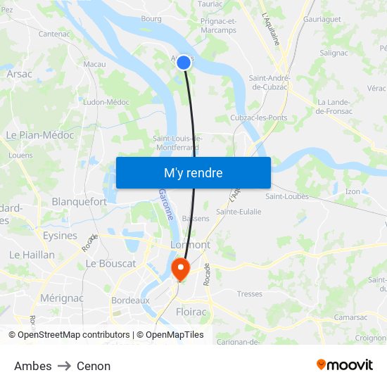 Ambes to Cenon map