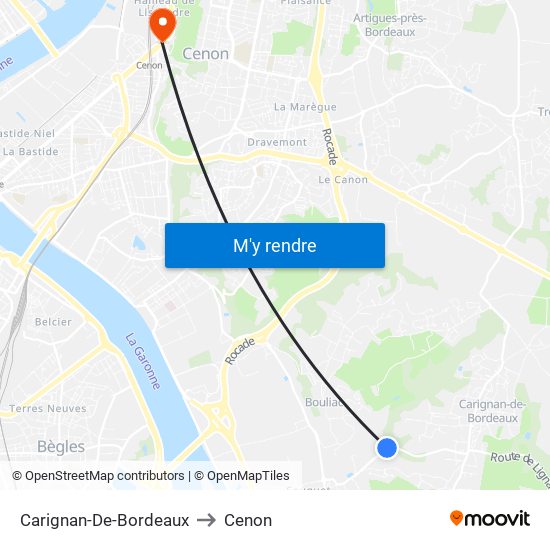 Carignan-De-Bordeaux to Cenon map