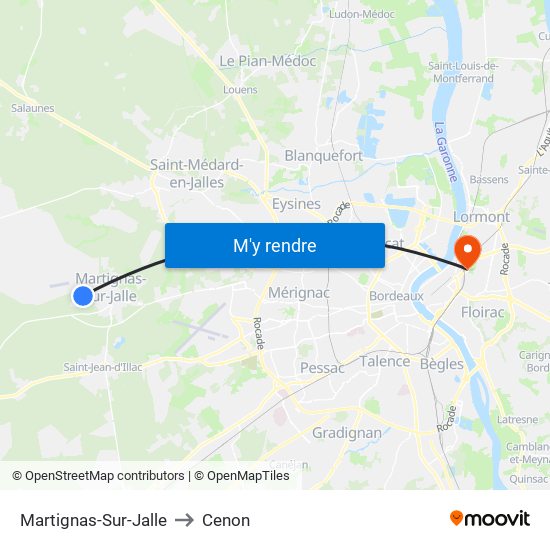 Martignas-Sur-Jalle to Cenon map