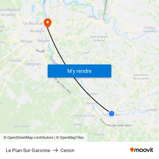 Le Pian-Sur-Garonne to Cenon map