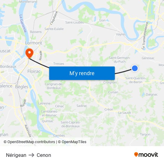 Nérigean to Cenon map