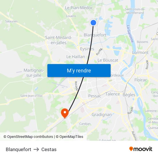 Blanquefort to Cestas map