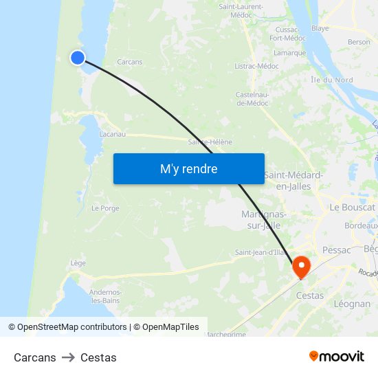 Carcans to Cestas map