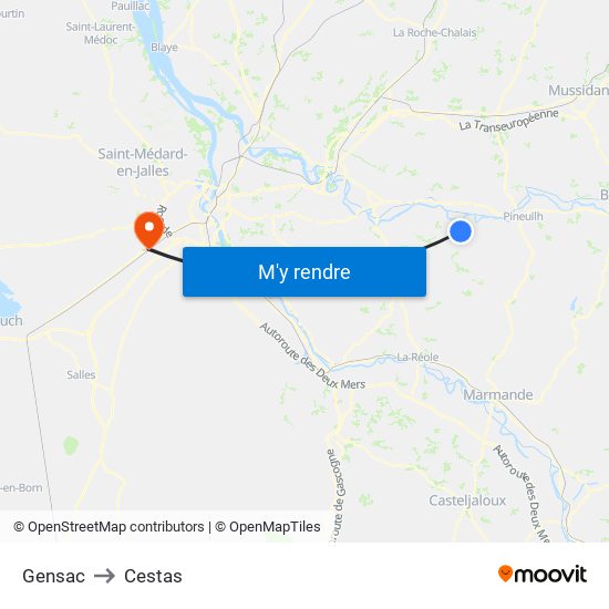 Gensac to Cestas map