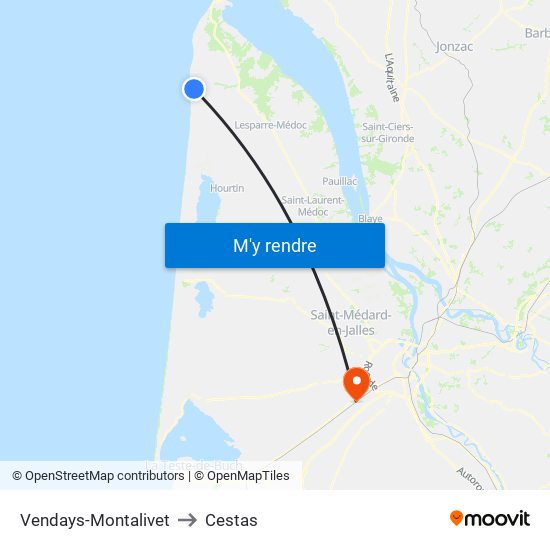 Vendays-Montalivet to Cestas map