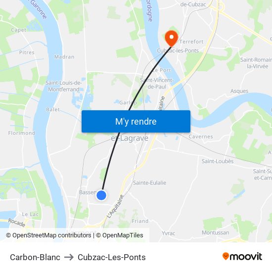 Carbon-Blanc to Cubzac-Les-Ponts map