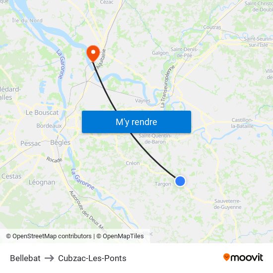 Bellebat to Cubzac-Les-Ponts map