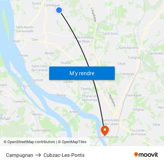 Campugnan to Cubzac-Les-Ponts map