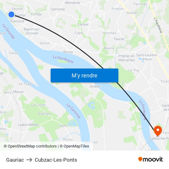 Gauriac to Cubzac-Les-Ponts map