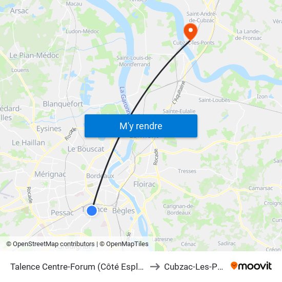 Talence Centre-Forum (Côté Esplanade) to Cubzac-Les-Ponts map