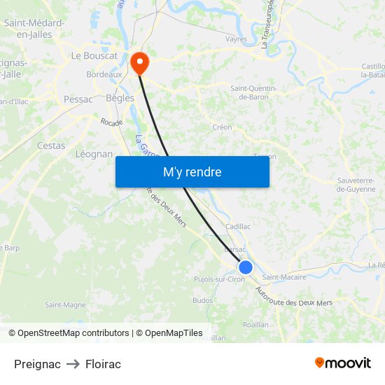 Preignac to Floirac map