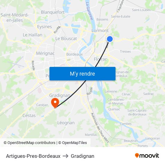 Artigues-Pres-Bordeaux to Gradignan map