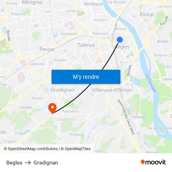Begles to Gradignan map