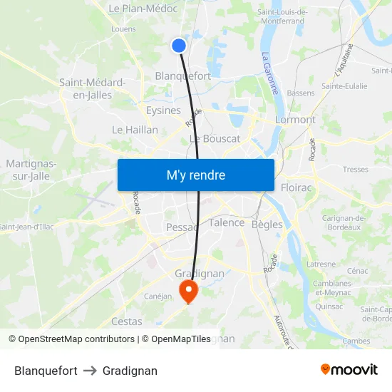 Blanquefort to Gradignan map