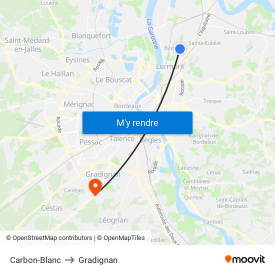 Carbon-Blanc to Gradignan map
