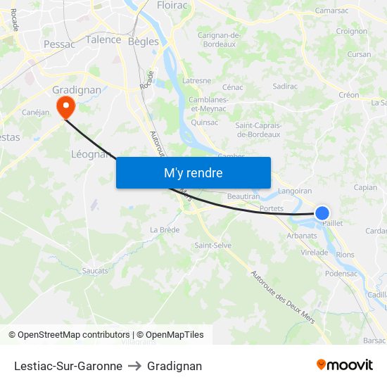 Lestiac-Sur-Garonne to Gradignan map