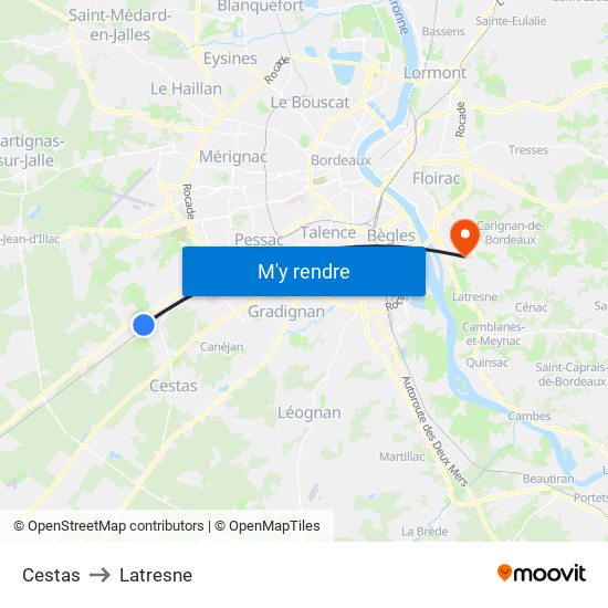 Cestas to Latresne map